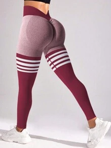 TCVC Leggings deportivos sin costuras y de gran elasticidad para mujeres, con diseño de cordón en la cintura color lino a rayas, pantalones de yoga para interiores/exteriores, control y moldeado abdominal, glúteos melocotón, mallas versátiles y casuales de uso múltiple - Burdeos - Ver 4