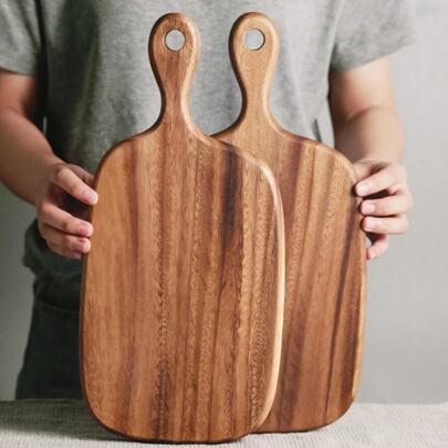 1pc Acacia Wood Service And Cutting Tray - Stylish Handle Acacia Wood Cutting Board, Country Cheese Cooked Food Service Board, Kitchen Cutting Board, Washable Fruit Board, Perfect For Food Slicing, Afternoon Tea, And Display - A Must-Have Rural Kitchen For Modern Families