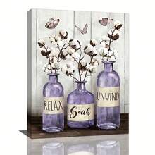 1pc Wooden Framed Purple Bathroom Decor Wall Art Rustic Cotton Flowers Bathroom Pictures For Wall Farmhouse Bathroom Canvas Prints Country Relax Soak Unwind Signs Painting Modern Ready To Hang Wooden Frame - Thickness 1.5inch - White - View 2