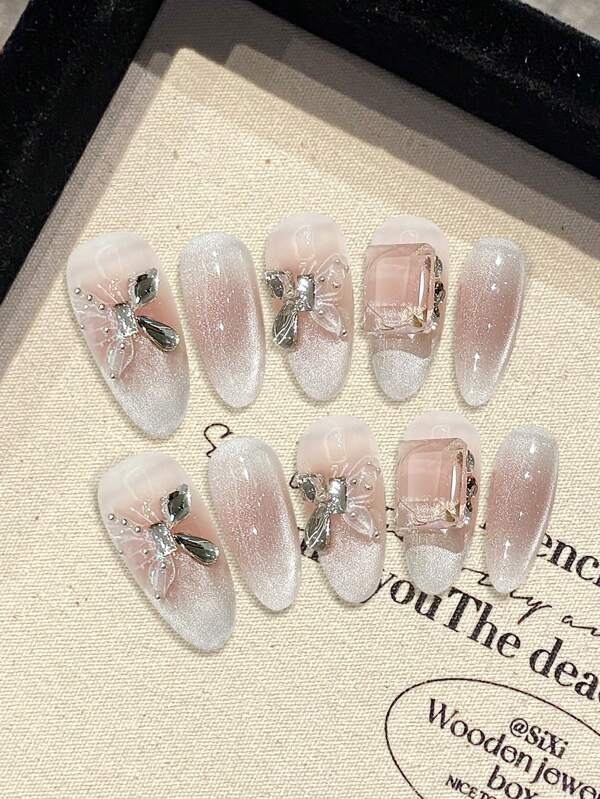10 peças de blush rosa olho de gato francês 3D camafeu borboleta diamante unhas feitas à mão, unhas doces do dia dos namorados, unhas de acrílico pressionadas, unhas postiças ovais de comprimento médio, vestidos de noiva, arte de unha de noiva, suprimentos para arte de unha faça você mesmo, reutilizáveis, com cola de gelatina e lixa de unha