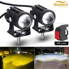 Heyword 2pcs White + Yellow Motorcycle LED Headlight Mini Driving Lamp Fog Light 12V/24V Universal Dual-Color Projector Lens With Switch, Fit For ATV Scooter Auxiliary Spotlight Motorcycle Accessories