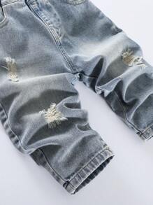 1pc Kids' Distressed Denim Jeans With Dinosaur Print Back Pockets, Elastic Waist Loose Fit Casual Trousers For Boys, Spring
