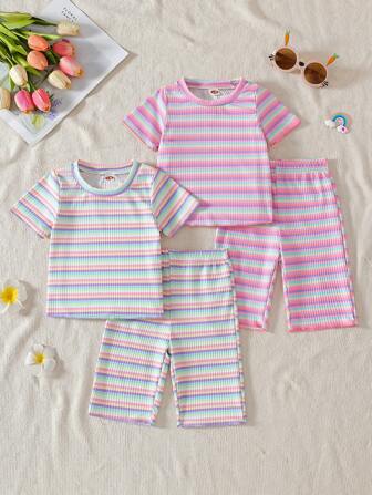 4 件套女婴休闲荷叶边条纹短袖上衣和长裤套装