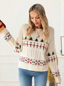 Women's New Year Tops Vintage Casual Pattern Floral Knit Crew Neck Long Sleeve Top Fair Isle Knit Sweater, Autumn/Winter