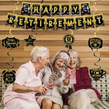 Decoraciones para fiesta de jubilación para hombres y mujeres: Pancarta de "Feliz jubilación" en negro y dorado, kit de adornos colgantes ondulados para decorar la fiesta de jubilación
