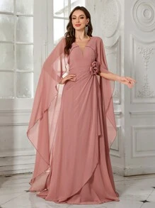 SUPGIR Robe longue de luxe avec décor floral 3D, robe de soirée, robe de mariée, robe de cocktail, manches cape et col V pour femmes - Vieux Rose - Voir 3