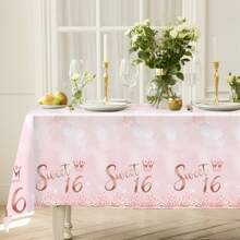 Mantel de mesa para decoración del 16o cumpleaños, tema de rosas rosadas y oro feliz 16o cumpleaños, cubierta de mesa descartable de plástico rectangular para fiesta de dieciséis años