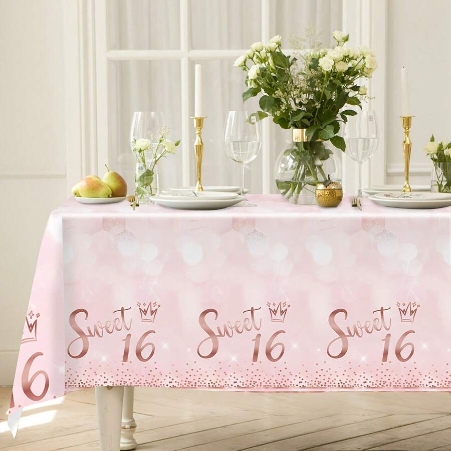 Mantel de mesa para decoración del 16o cumpleaños, tema de rosas rosadas y oro feliz 16o cumpleaños, cubierta de mesa descartable de plástico rectangular para fiesta de dieciséis años