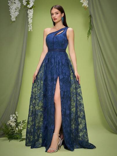 Anpoket Asymmetrical Neck Embroidered Lace Trim Sleeveless Front Slit Maxi Evening Dress With Train, Party Dress, Wedding Guest Dress, Formal Dress,Gown