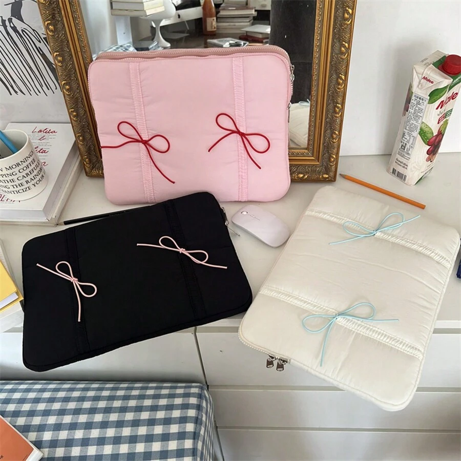 Stylish And Cute Laptop Bag And Tablet Case, Personalized Elastic Bow Design, Shockproof And Padded Protection, Fluffy Lining, Suitable For 11-Inch IPad And 13-15.6-Inch Laptops, Available In Pink, Cream And Black Options, Fashion Style Storage Bag