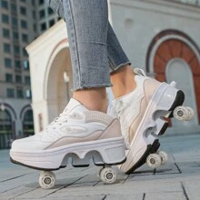 Outdoor Sports 4-Wheel Transformable Roller Shoes, Dual-Use Inline Skates, Double-Row Roller Shoes For Men And Women, Roller Skating Shoes With Button And Wheels - Khaki - View 6
