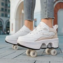 Outdoor Sports 4-Wheel Transformable Roller Shoes, Dual-Use Inline Skates, Double-Row Roller Shoes For Men And Women, Roller Skating Shoes With Button And Wheels - Khaki - View 7