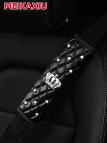 1pc Soft PU Faux Sheepskin Crown Decorated With Artificial Diamonds Blingbling Car Shoulder Pad For Seatbelt Length 9.05 Inches, Automotive