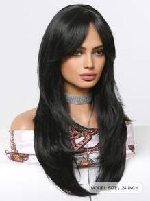Pelucas negras largas y rectas con flequillo para mujer, peluca de pelo sintético de aspecto Natural en capas negras de 24 pulgadas para fiesta diaria, Cosplay
