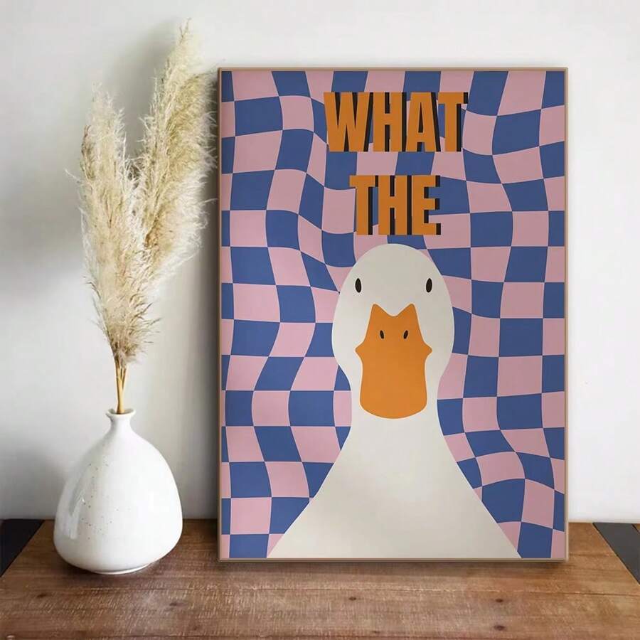 1pc, Goose"WHAT THE" Wall Art,Vibrant And Fashionable Animal Decor Room,Light Blue Plaid Academy Style Aesthetic,Vintage Interesting Short Sentences Poster Canvas Print, Minimalism Canvas Painting, Suitable For Home Decoration