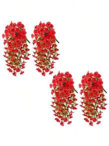 4pcs Artificial Hanging Flowers, UV Resistant Plastic Morning Glory Faux Flowers With Eucalyptus Leaves, Fake Hanging Plants For Home Outdoor Indoor Porch Balcony Garden Decor - Đỏ - Xem 1