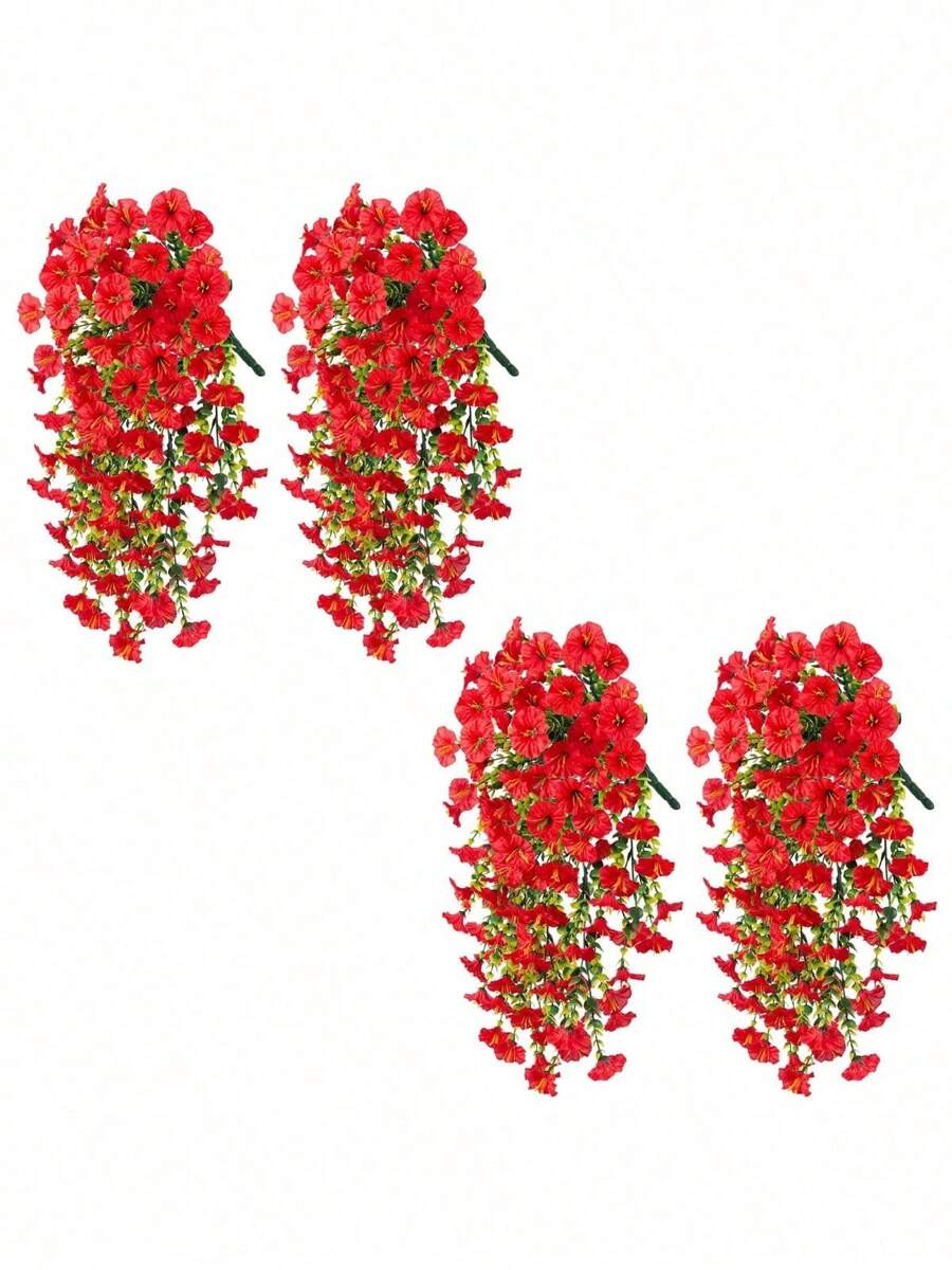 4pcs Artificial Hanging Flowers, UV Resistant Plastic Morning Glory Faux Flowers With Eucalyptus Leaves, Fake Hanging Plants For Home Outdoor Indoor Porch Balcony Garden Decor - Đỏ - Xem 1