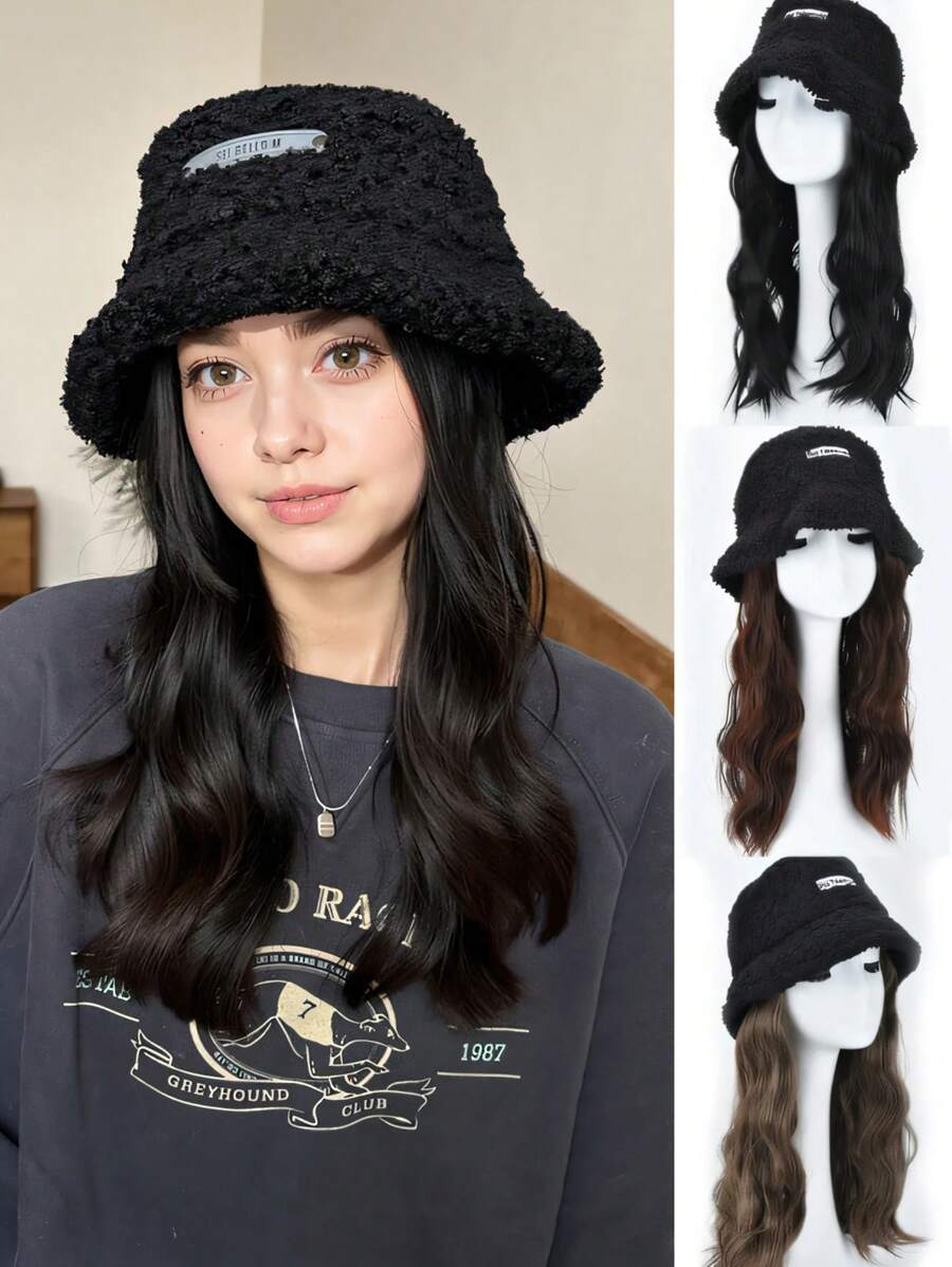 قطعة واحدة من الباروكة ذات الشعر الأسود الطويل مع قبعة، باروكة ذات تصميم مموج من الصوف الحملي لتغطية الرأس بالكامل، مناسبة للاستخدام اليومي