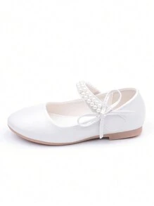 CAIWENNIAO Pearl Girls Shoes, Soft Sole Princess Dress Shoes, White Piano Performance Flats (New Model)