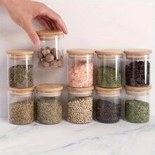 1 套 4-6-12 件玻璃储物罐，采用透明高硼硅材料制成，配有密封的竹木盖，便携式透明食品容器，用于盛放茶、咖啡豆、糖、糖果、饼干、香料、厨房用品 - 無色 - 查看 8