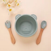 3 pezzi Set di ciotole per bambini in silicone con piatto con ventosa, cucchiaio e forchetta in legno, sicuro per microonde e lavastoviglie