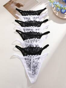 Set de 8 tangas con encaje de unicolor, sexy y transpirable, para uso diario de mujeres, primavera/verano