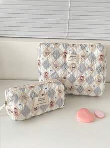 Bolsa de cosméticos vintage con forma de rombo de oso de peluche, estuche de maquillaje con cremallera, tela acolchada suave y arrugada con estampado, dulce y lindo, bolsa de tocador de uso múltiple para el hogar, viajes, lavado diario, bolsa de viaje de tocador, almacenamiento de maquillaje, bolsa de playa, artículos esenciales para vacaciones, útiles escolares, artículos esenciales de viaje, para mujer, para la universidad, dormitorio, baño
