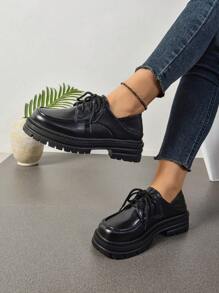 British Style Chunky Sole Leather Women Loafers, Versatile Round Toe Casual Shoes For Spring/Autumn