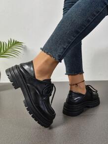 British Style Chunky Sole Leather Women Loafers, Versatile Round Toe Casual Shoes For Spring/Autumn