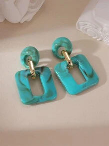 Square Decor Drop Earrings - Teal Blue - View 1