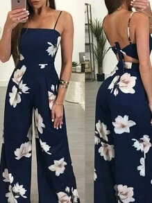 Elegant Floral Printed Sleeveless Jumpsuit, Summer - Blue - View 1
