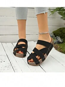 女士厚底一脚蹬露趾厚底凉鞋，复古时尚高跟优雅女士休闲舒适黑色凉鞋 - 黑色 - 查看 10