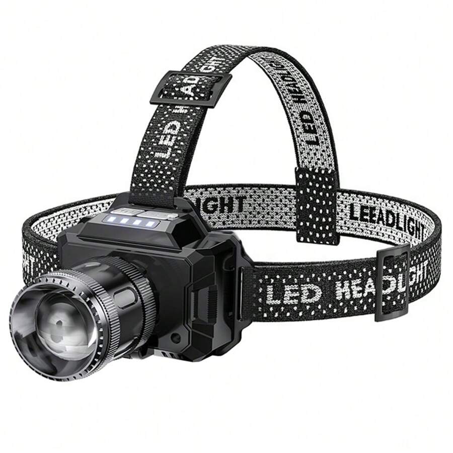 1pc Rechargeable Portable Adjustable Focus LED Headlamp, Outdoor Strong Light Headlight Suitable For Fishing - 黑色 - 查看 1