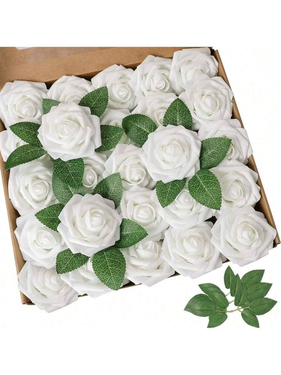 5/10/15/20/25/30pcs Real Looking Fake Roses With Stem For DIY Wedding Bouquets Centerpieces Arrangements Party Baby Shower Home Decorations OPP Bag Packaging (Excluding Box)Containing Three Leaves, Valentine Day, Gift Gifts Birthday Graduation - White - View 1
