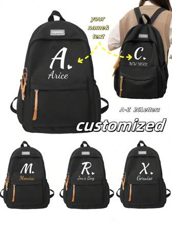 Fashionable And Minimalist Backpack With A-Z 26 English Letters Customizable, Suitable For Back To School Season, Large Capacity, Cute Multi-Function Wallet, Solid Color Design, Adjustable Shoulder Straps, Multiple Pockets, Zipper Closure, Great For Outdoor Travel, School, Work Commute And More