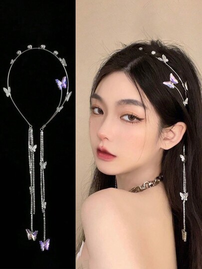 1pc Rhinestone Butterfly & Pearl Tassel Headband, Elegant Hairpiece For Photo Shoots & Everyday Wear, Hairband Headband For Women, Hair Accessories, Hair Hoop
