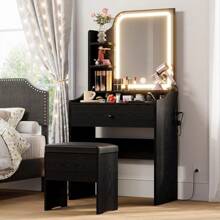 LIKIMIO Small Makeup Vanity Desk With Mirror And Lights, Vanity Table Set With Storage Drawer, Chair And Three Shelves, Bedroom, Vintage Brown - màu đen - Xem 1