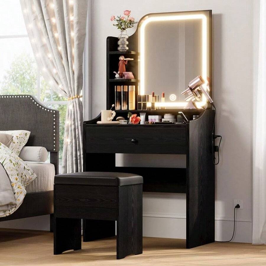 LIKIMIO Small Makeup Vanity Desk With Mirror And Lights, Vanity Table Set With Storage Drawer, Chair And Three Shelves, Bedroom, Vintage Brown - màu đen - Xem 1