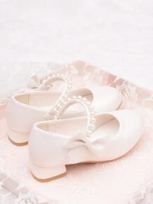 Girls White High Heel Shoes Princess Style Leather Shoes Spring & Autumn, Middle & Kids Shoes Suitable For Evening Dresses, Pearl Decoration