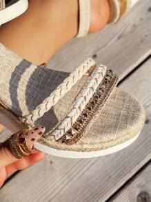 WRCVS 米色编织带厚底凉鞋，夏季楔形厚底拉菲草鞋底时尚假日凉鞋，随机编织方向，波西米亚风格增高鞋，水晶刺绣复古鞋 - 米色 - 查看 8