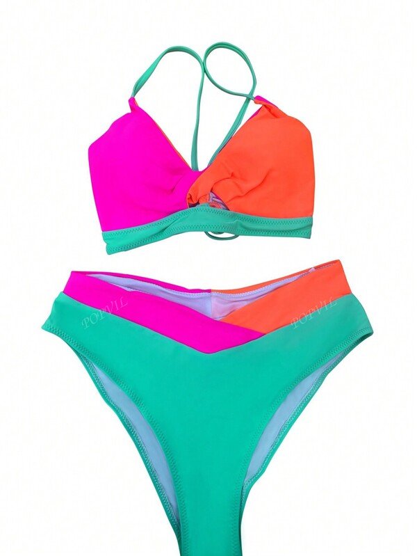 popvil Conjunto de traje de baño de verano con escote de contraste y Bottom de bikini para mujer