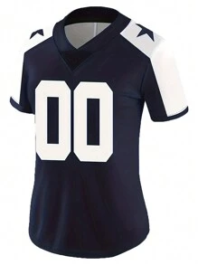 Customized Name & Number Women's Embroidered American Football Jersey, Dallas Blue V-Neck, Personalized Short Sleeve Shirt, For Party, Match, Training, Sports Wear, DIY, Size S-XXL - Blue - View 2