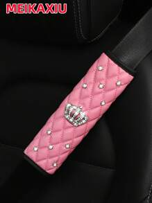 1pc Soft PU Faux Sheepskin Crown Decorated With Artificial Diamonds Blingbling Car Shoulder Pad For Seatbelt Length 9.05 Inches, Automotive