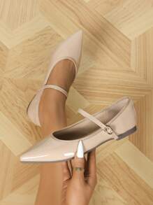 2024 Nuovo arrivo Ballerine da donna con punta affusolata, colore color radice di loto, in pelle verniciata, scarpe casual eleganti e versatili con cinturini e fibbie