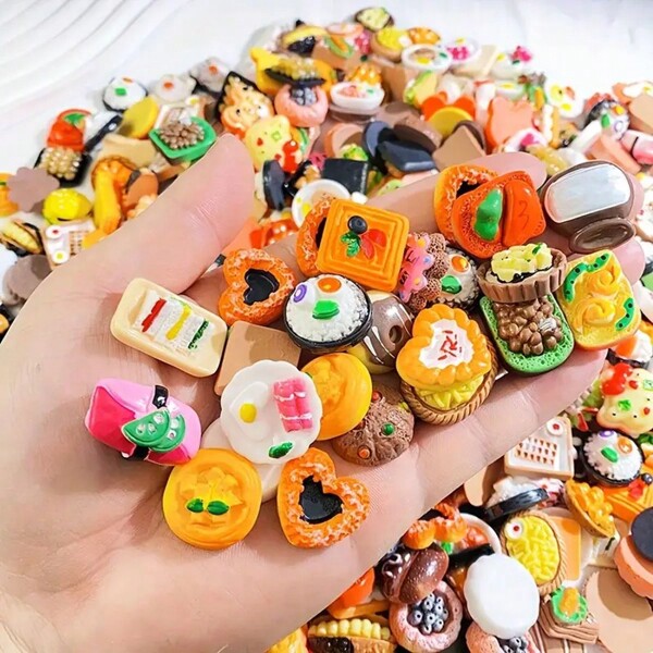 10/20/30pcs High Quality Resin Fake Food Toys Pizza, Hamburger, Milk, Biscuits, Skewers, Cream DIY Phone Case Stickers (Randomly Assorted Styles), Great For Christmas, New Year, Halloween, Thanksgiving, Easter Gifts