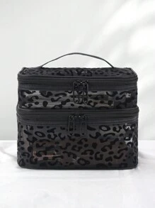 1 pieza Bolsa de maquillaje de malla negra con estampado de leopardo de doble capa, portátil y de gran capacidad, adecuada para almacenar cosméticos y herramientas de maquillaje, ideal para uso doméstico y al aire libre, regalo esencial para mujeres, bolsa de aseo de viaje para maquillaje, bolsa con cremallera para accesorios de manicura, bolsa de cosméticos, neceser, bolsa de cosméticos, bolsa de cosméticos pequeña, regalo de Navidad, bolsa pequeña, bolsa de regalo/bolso pequeño, bolsa de almacenamiento de cosméticos, bolsa de almacenamiento mini, bolsa de almacenamiento de gran capacidad, regalo de Navidad, regalo creativo para mujeres - Negro - Ver 2