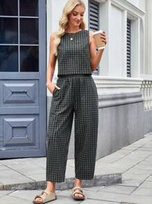 Conjunto de 2 piezas de chaleco y pantalones casuales holgados sin mangas a cuadros
