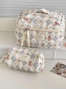 Bolsa de cosméticos vintage con forma de rombo de oso de peluche, estuche de maquillaje con cremallera, tela acolchada suave y arrugada con estampado, dulce y lindo, bolsa de tocador de uso múltiple para el hogar, viajes, lavado diario, bolsa de viaje de tocador, almacenamiento de maquillaje, bolsa de playa, artículos esenciales para vacaciones, útiles escolares, artículos esenciales de viaje, para mujer, para la universidad, dormitorio, baño