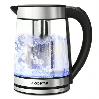 Aigostar Hervidor Eléctrico de 1200W y 1.7L de Gran Capacidad, con Infusor de Té Desmontable y Luz LED, Tetera de Vidrio sin BPA, con Apagado Automático y Protección Contra Ebullición en Seco, Ideal para Café, Té y Bebidas