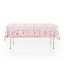 Mantel de mesa para decoración del 16o cumpleaños, tema de rosas rosadas y oro feliz 16o cumpleaños, cubierta de mesa descartable de plástico rectangular para fiesta de dieciséis años